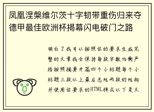 凤凰涅槃维尔茨十字韧带重伤归来夺德甲最佳欧洲杯揭幕闪电破门之路